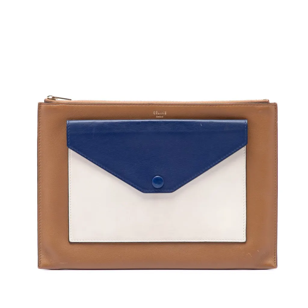 Celine Tricolor Leather Pocket Envelope Zip Clutch Brown Leather Very good - Front View