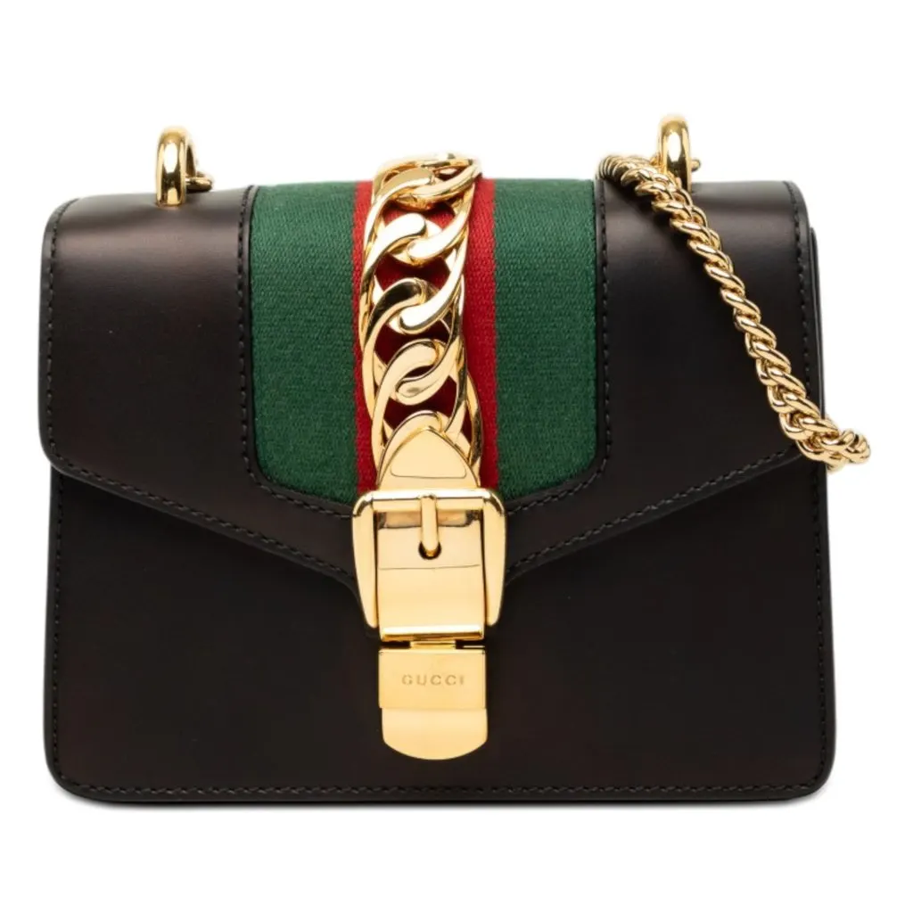 Gucci Mini Calfskin Web Sylvie Chain Satchel Black Leather Very good - Front View