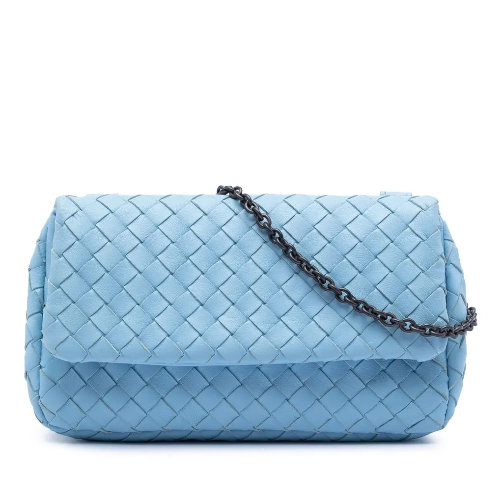 Bottega Veneta Mini Nappa Intrecciato Expandable Chain Flap Crossbody Blue Leather Very good - Front View