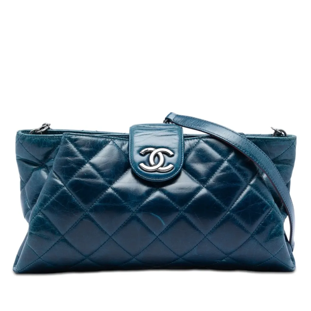 Chanel Quilted Glazed Calfskin Coco Pleats Chain Clutch Blue Leather Very good - Front View