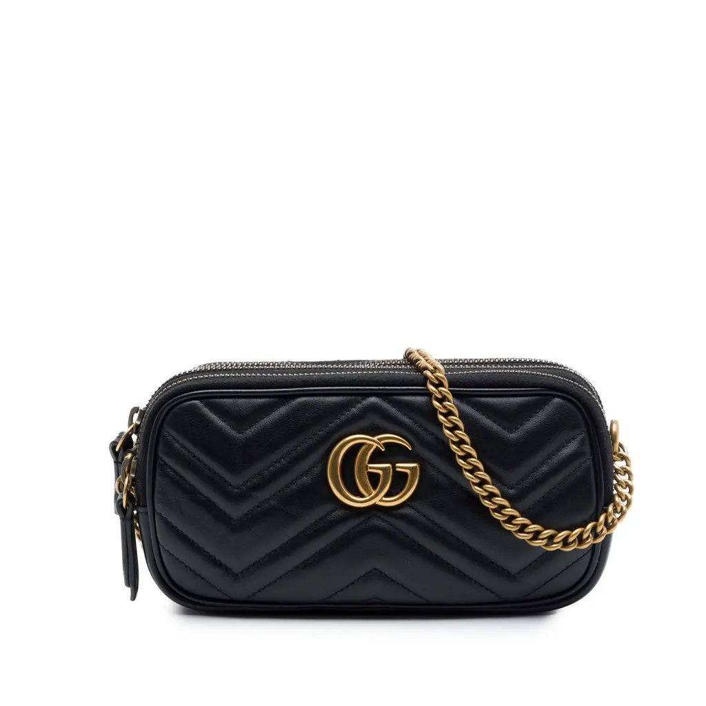 Gucci Mini GG Marmont Matelasse Leather Triple Zip Crossbody Black Leather Very good - Front View
