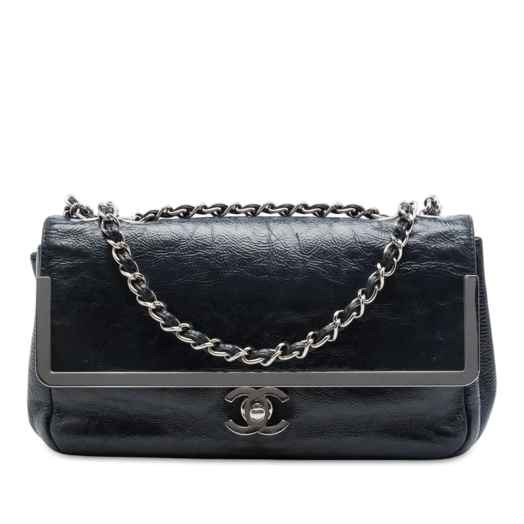 Chanel Small Crinkled Patent Frame Single Flap Black Leather Good - Front View