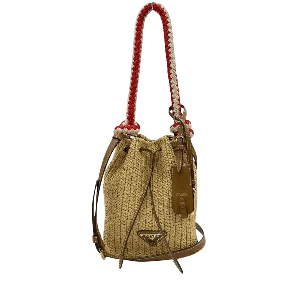 Prada Mini Raffia Effect Crochet Bucket Bag Beige Very good - Front View
