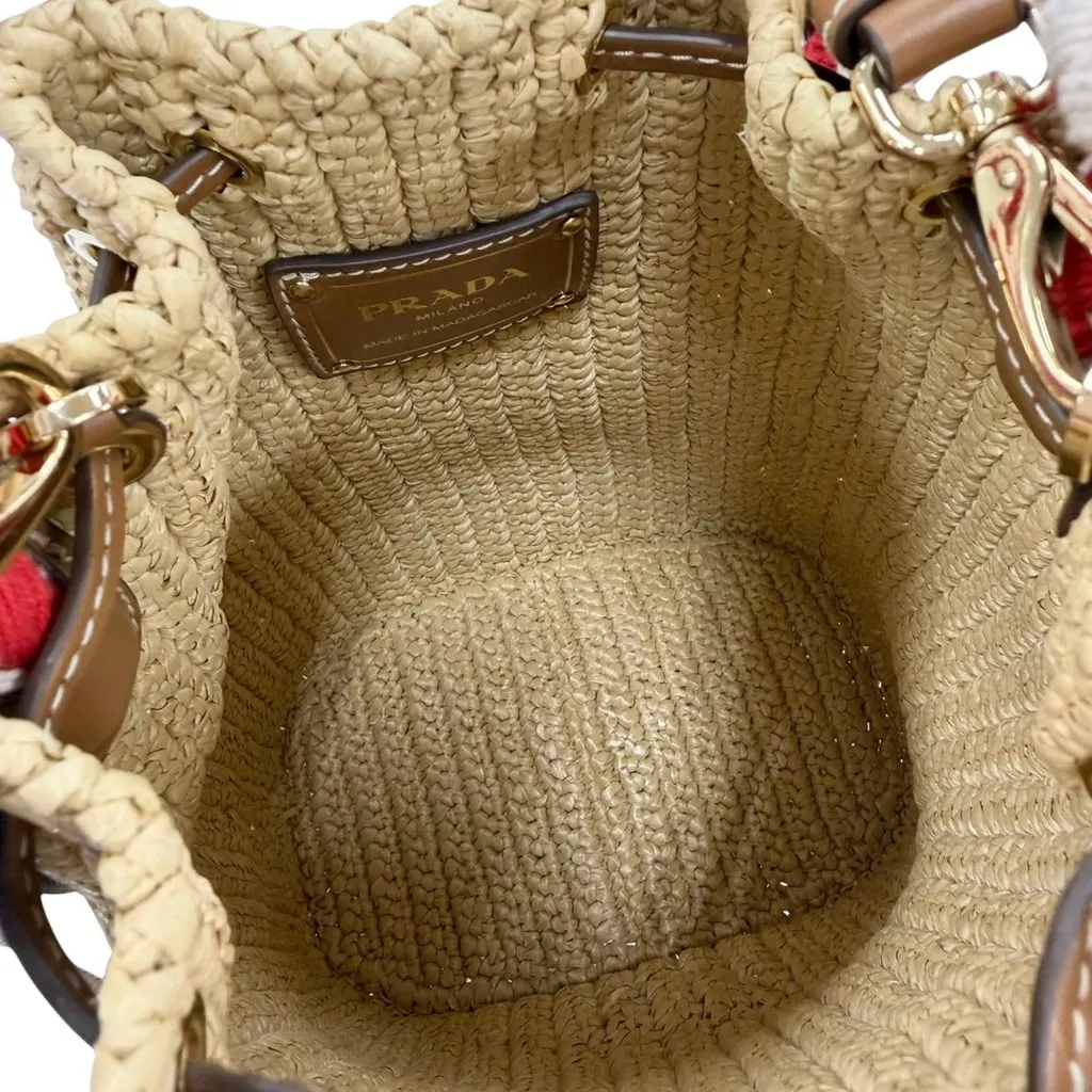 Prada Mini Raffia Effect Crochet Bucket Bag Beige Very good - Model View