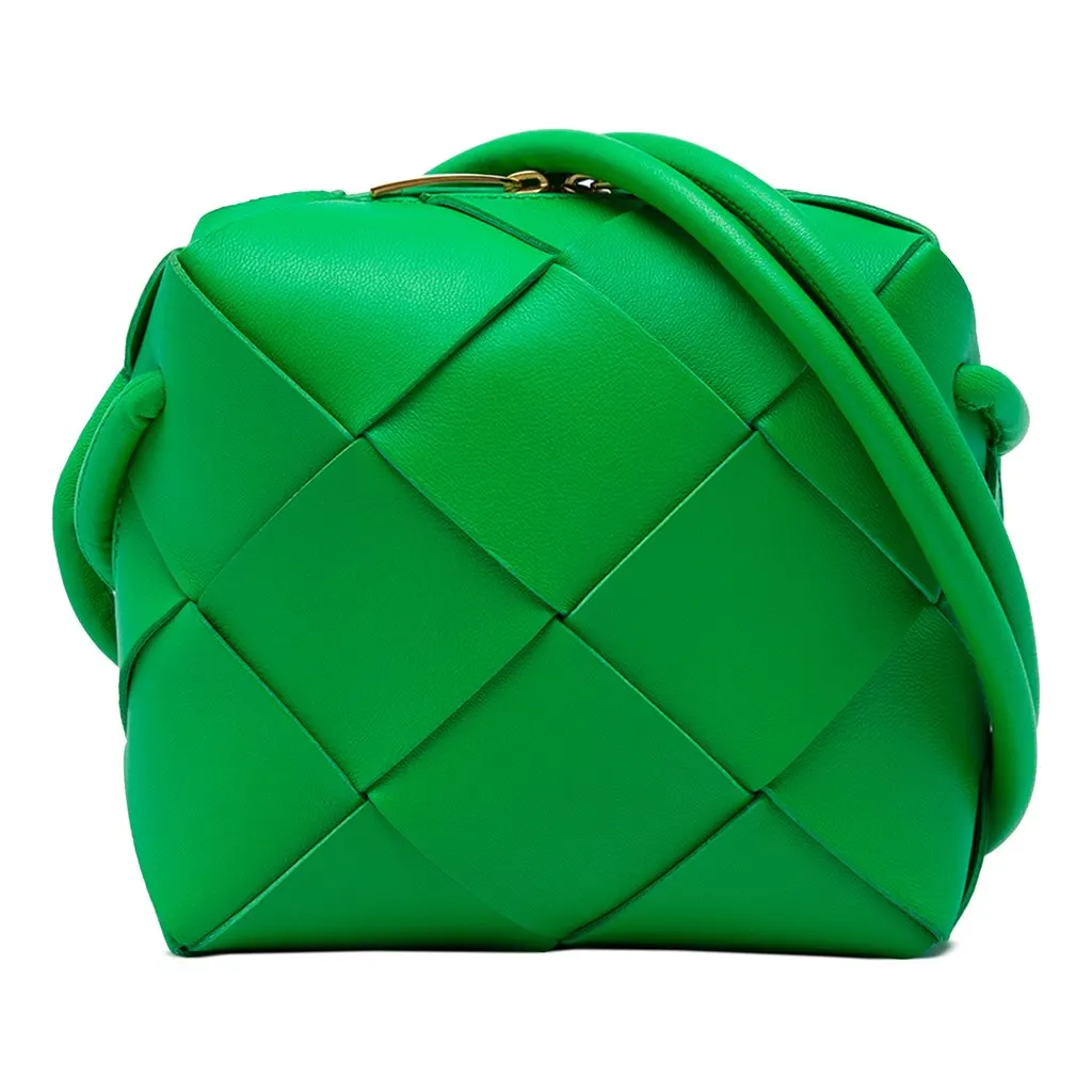 Bottega Veneta Mini Lambskin Intreccio Cassette Camera Bag Green Leather Very good - Front View