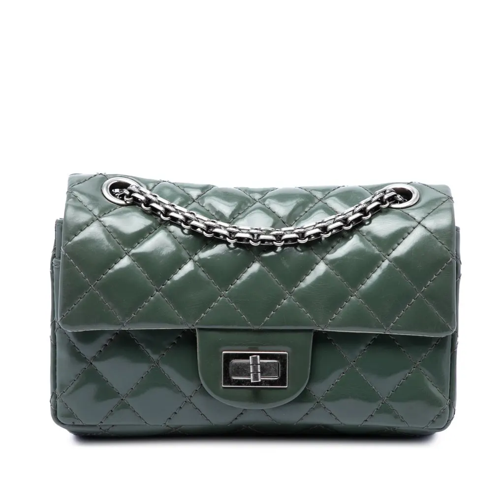 Chanel Quilted Patent Reissue 2.55 Double Compartment Single Flap 224 Green Leather Good - Front View
