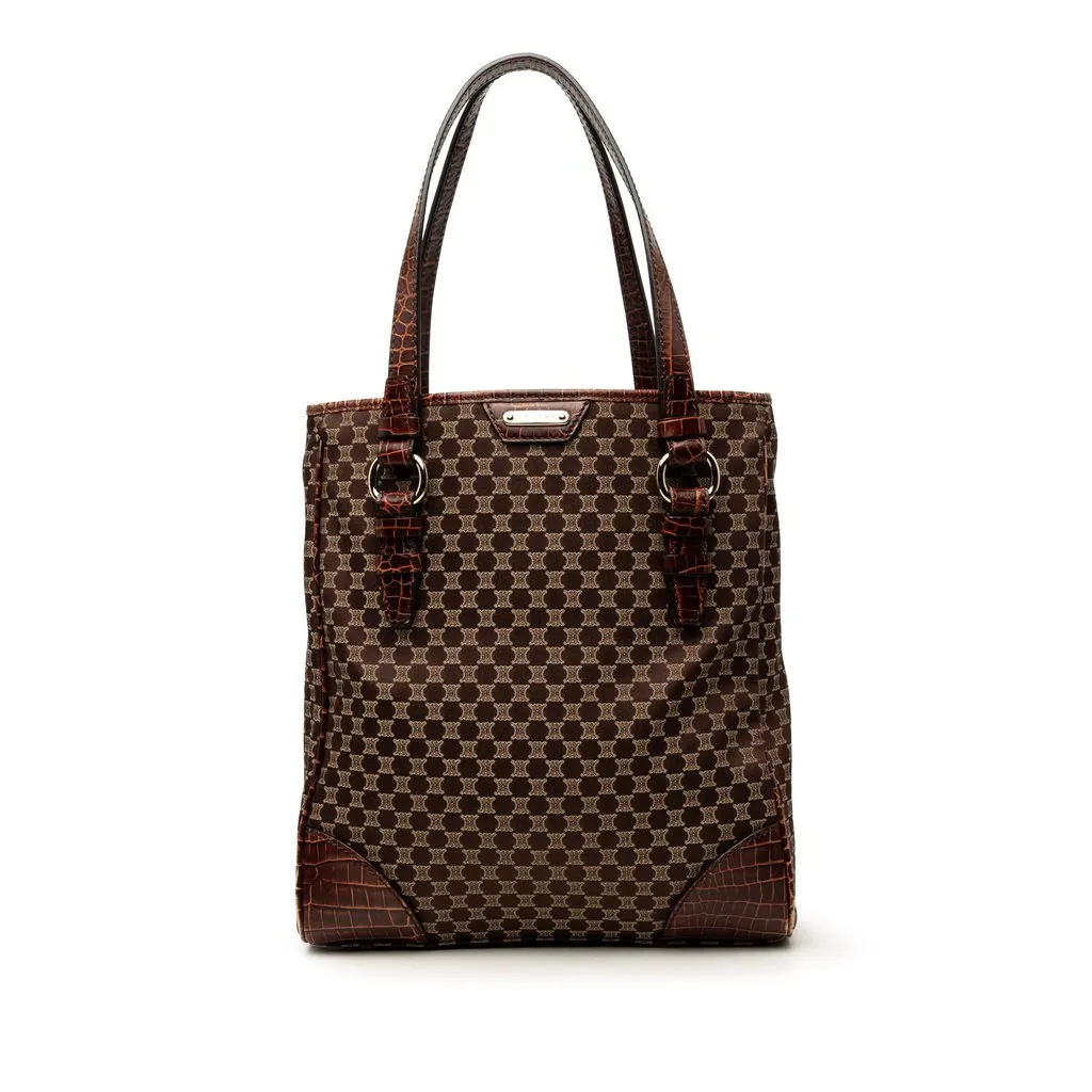 Celine Croc Embossed Leather Trimmed Macadam Canvas Tote Brown Very good - Front View