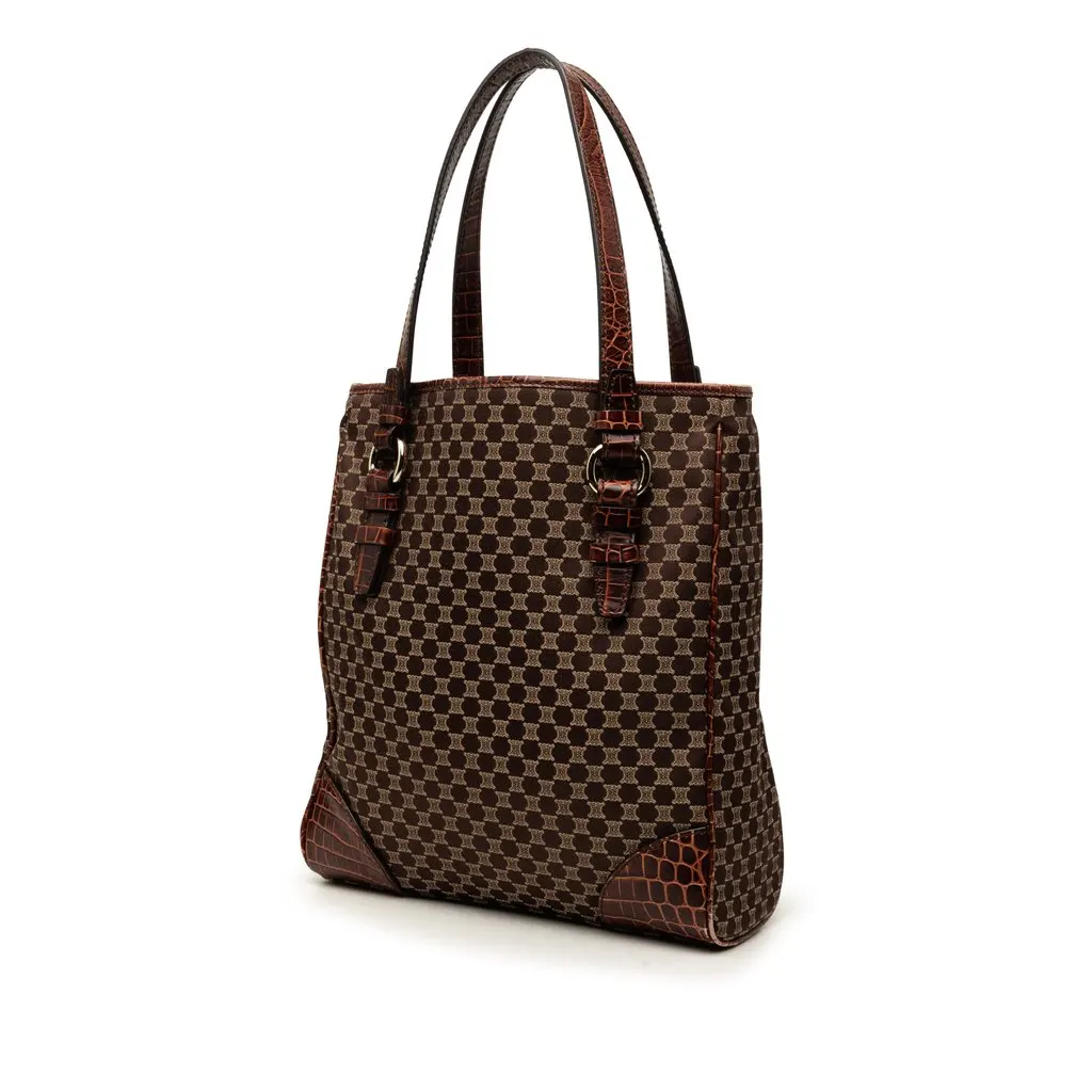 Celine Croc Embossed Leather Trimmed Macadam Canvas Tote Brown Very good - Back View