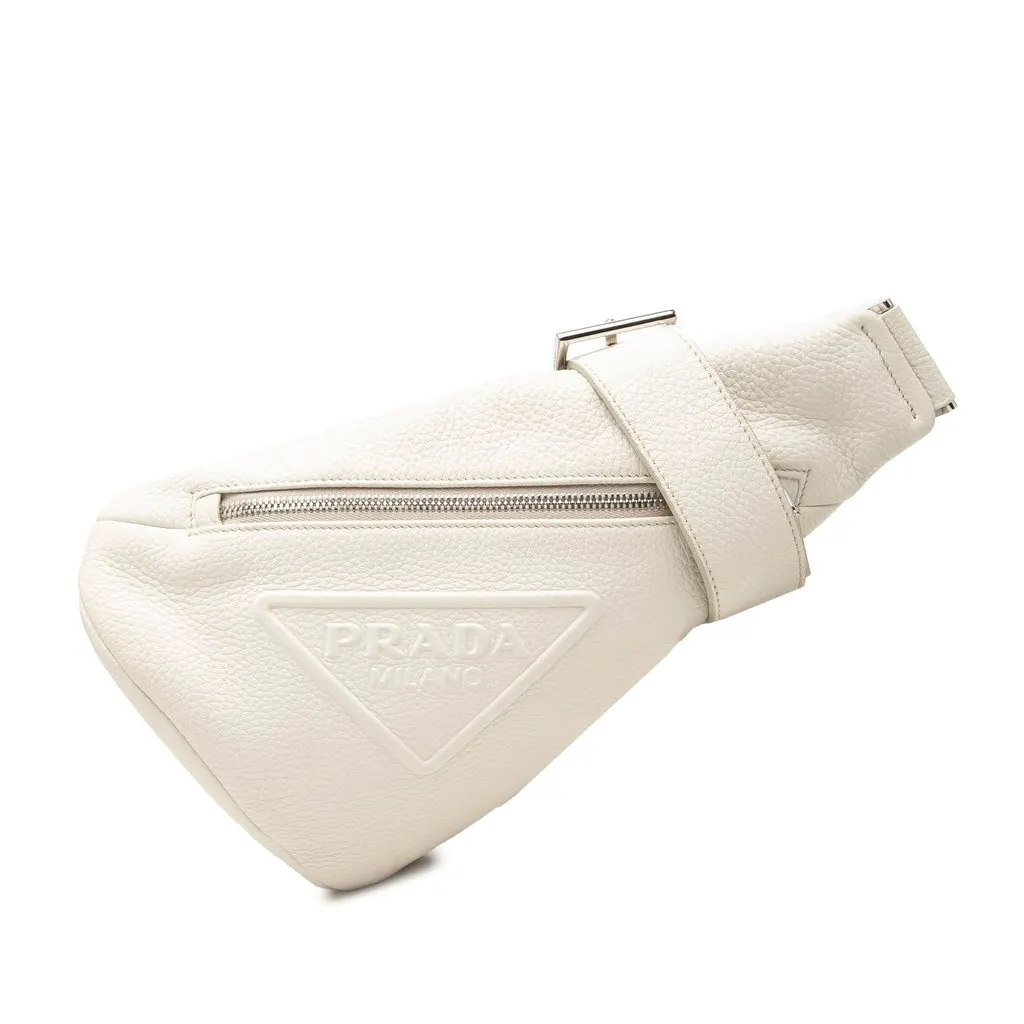 Prada Vitello Daino Logo Embossed Sling Bag White Leather Very good - Front View