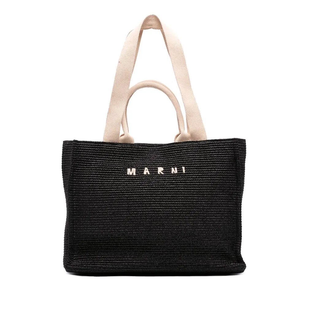 Marni Raffia Effect Nylon Embroidered Logo North West Shopping Tote Black Very good - Front View