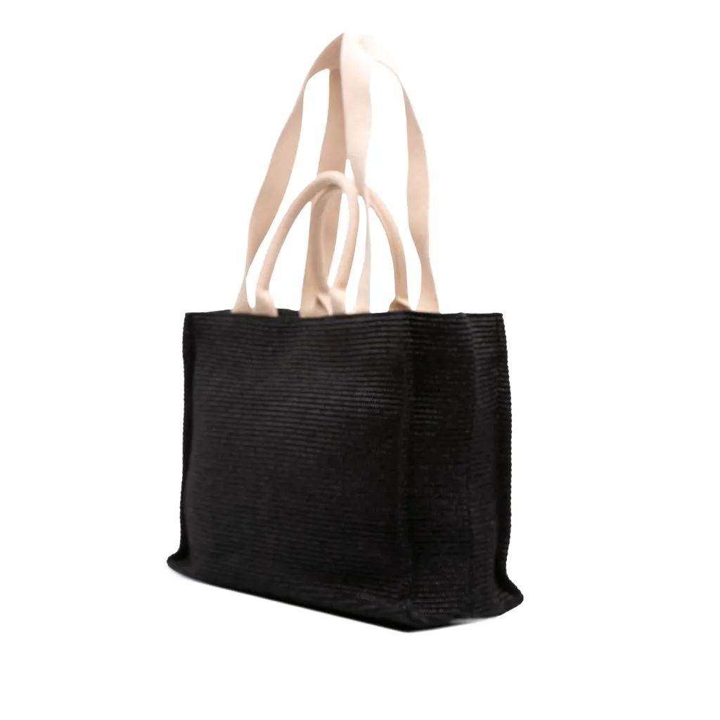 Marni Raffia Effect Nylon Embroidered Logo North West Shopping Tote Black Very good - Back View