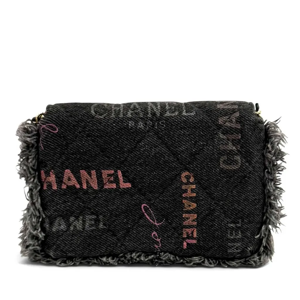 Chanel Fringe Denim Mood Clutch with Chain Black Very good - Back View