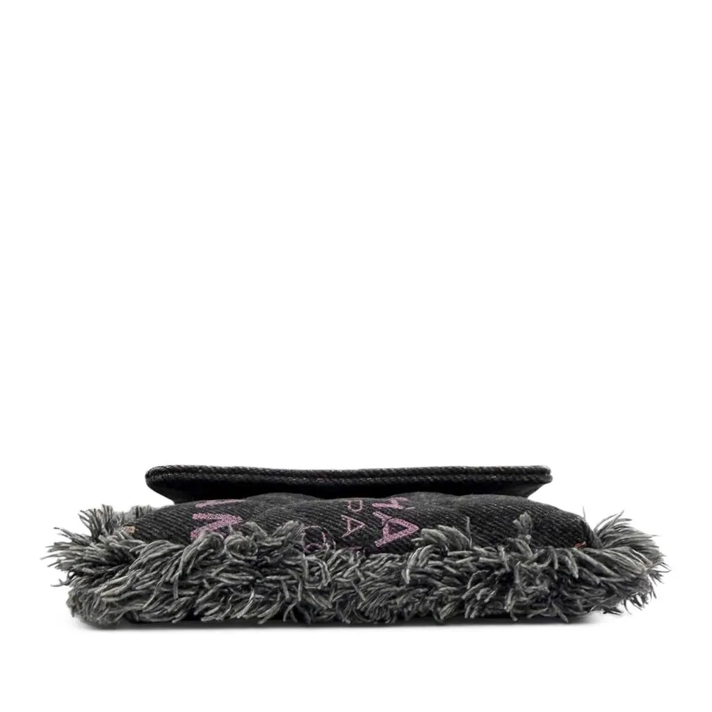 Chanel Fringe Denim Mood Clutch with Chain Black Very good - Model View