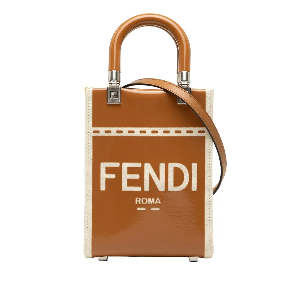 Fendi Mini Patent and Canvas Sunshine Shopper Tote Brown Leather Very good - Front View