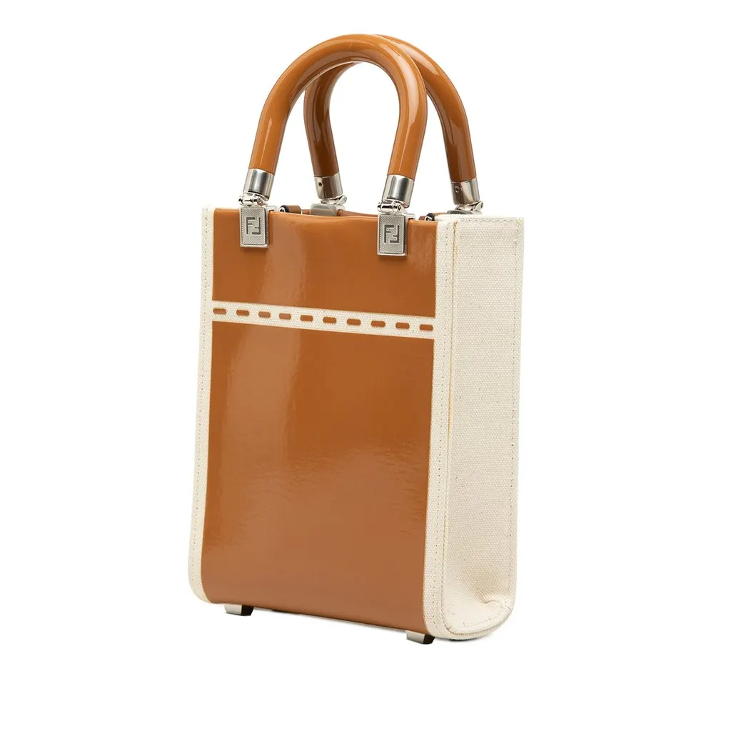 Fendi Mini Patent and Canvas Sunshine Shopper Tote Brown Leather Very good - Back View