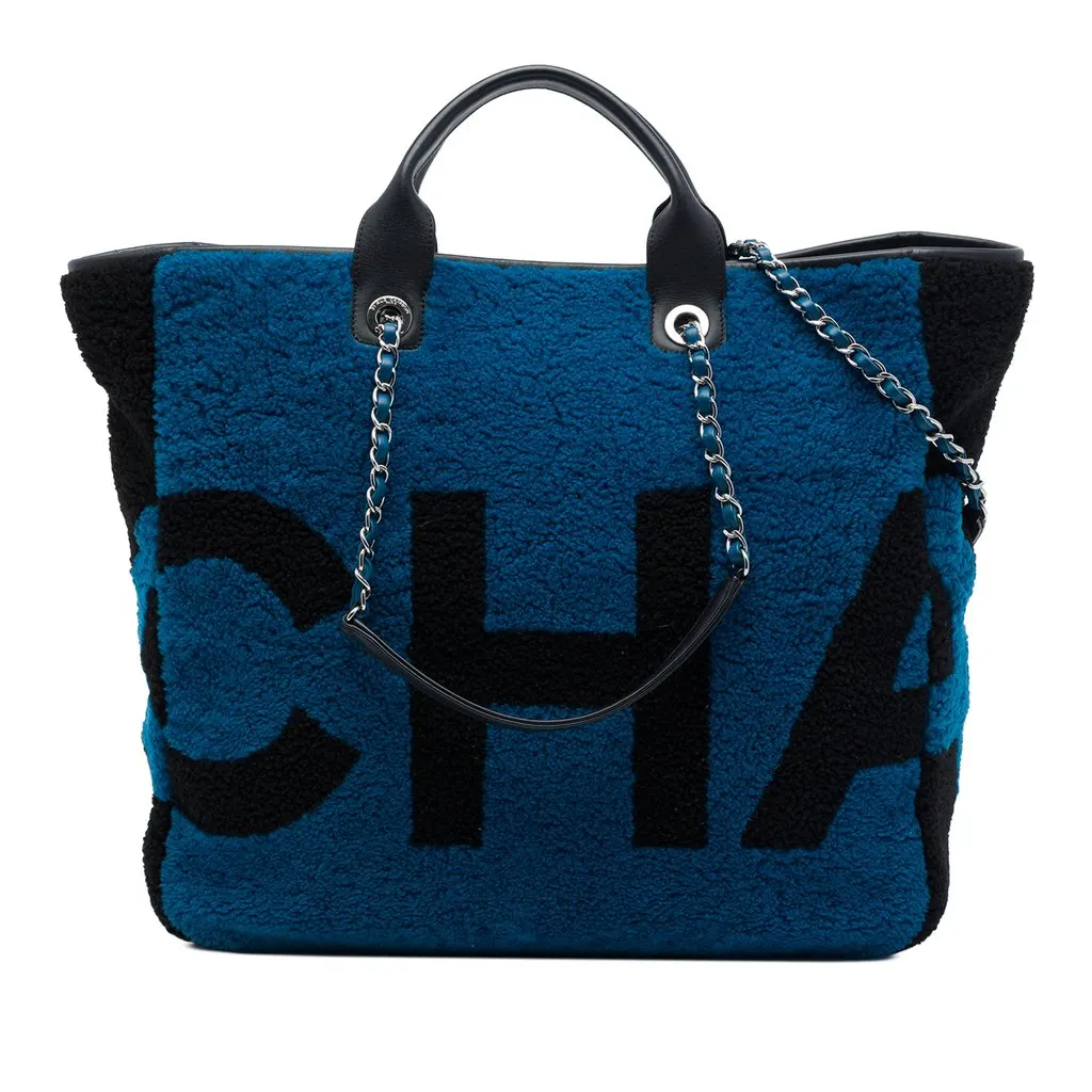 Chanel Medium Shearling and Calfskin Deauville Shopping Tote Blue Fur Very good - Front View