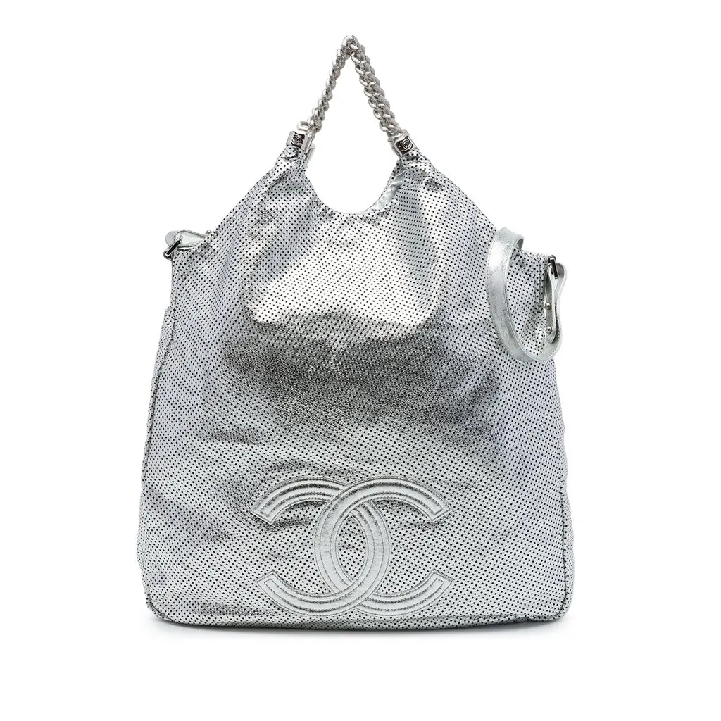 Chanel Large Metallic Glazed Calfskin Perforated Rodeo Drive Satchel Silver Leather Very good - Front View
