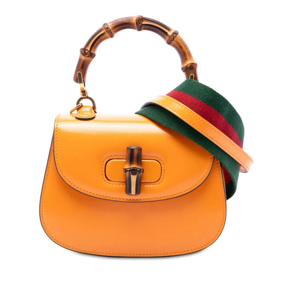 Gucci Mini Calfskin Web 1947 Bamboo Top Handle Bag Orange Leather Very good - Front View