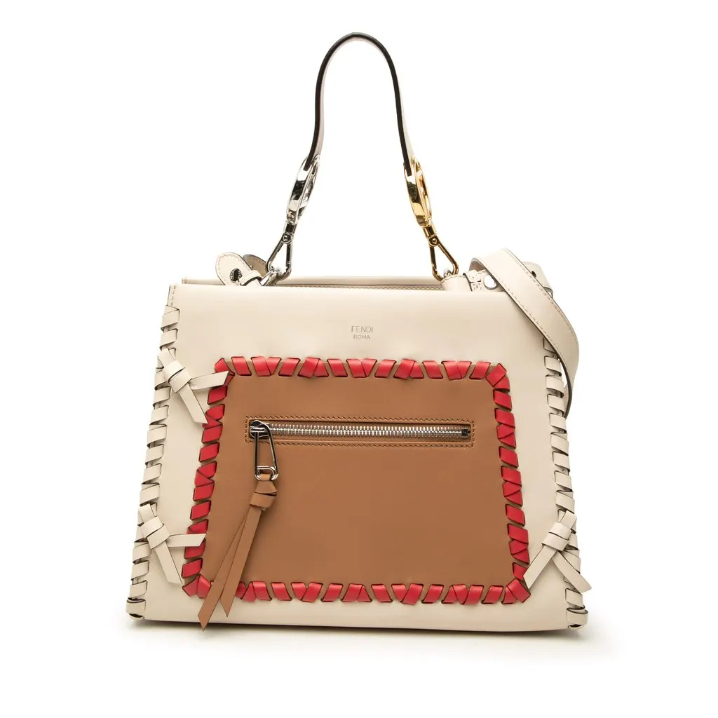 Fendi Small Bicolor Calfskin Whipstitch Runway Satchel Brown Leather Very good - Front View