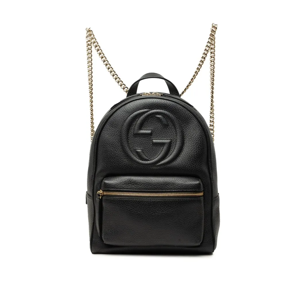 Gucci Pebbled Calfskin Soho Chain Backpack Black Leather Good - Front View