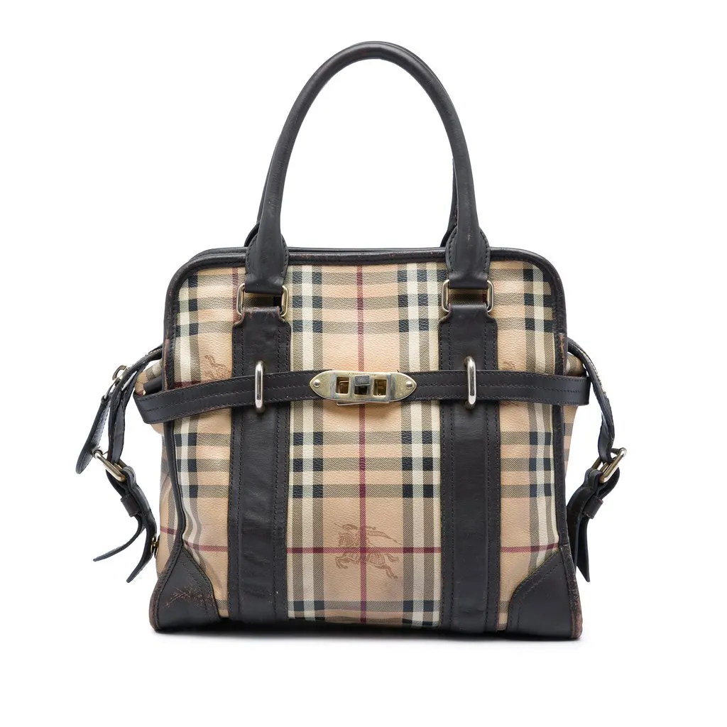 Burberry Haymarket Check Coated Canvas Minford Portrait Satchel Beige Good - Front View