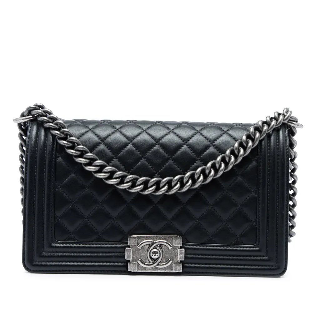Chanel Old Medium Quilted Lambskin Boy Flap Black Leather Very good - Front View