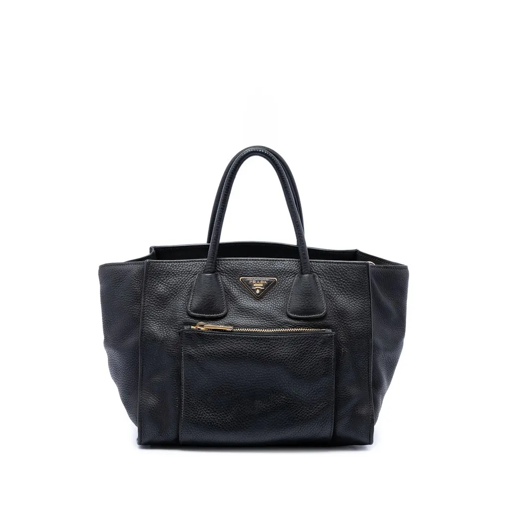 Prada Vitello Daino Front Pocket Open Convertible Tote Black Leather Good - Front View