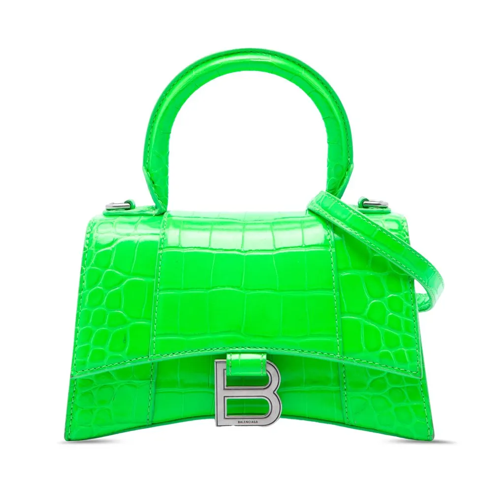 Balenciaga Croc Embossed Calfskin Hourglass Top Handle Bag XS Green Leather Very good - Front View