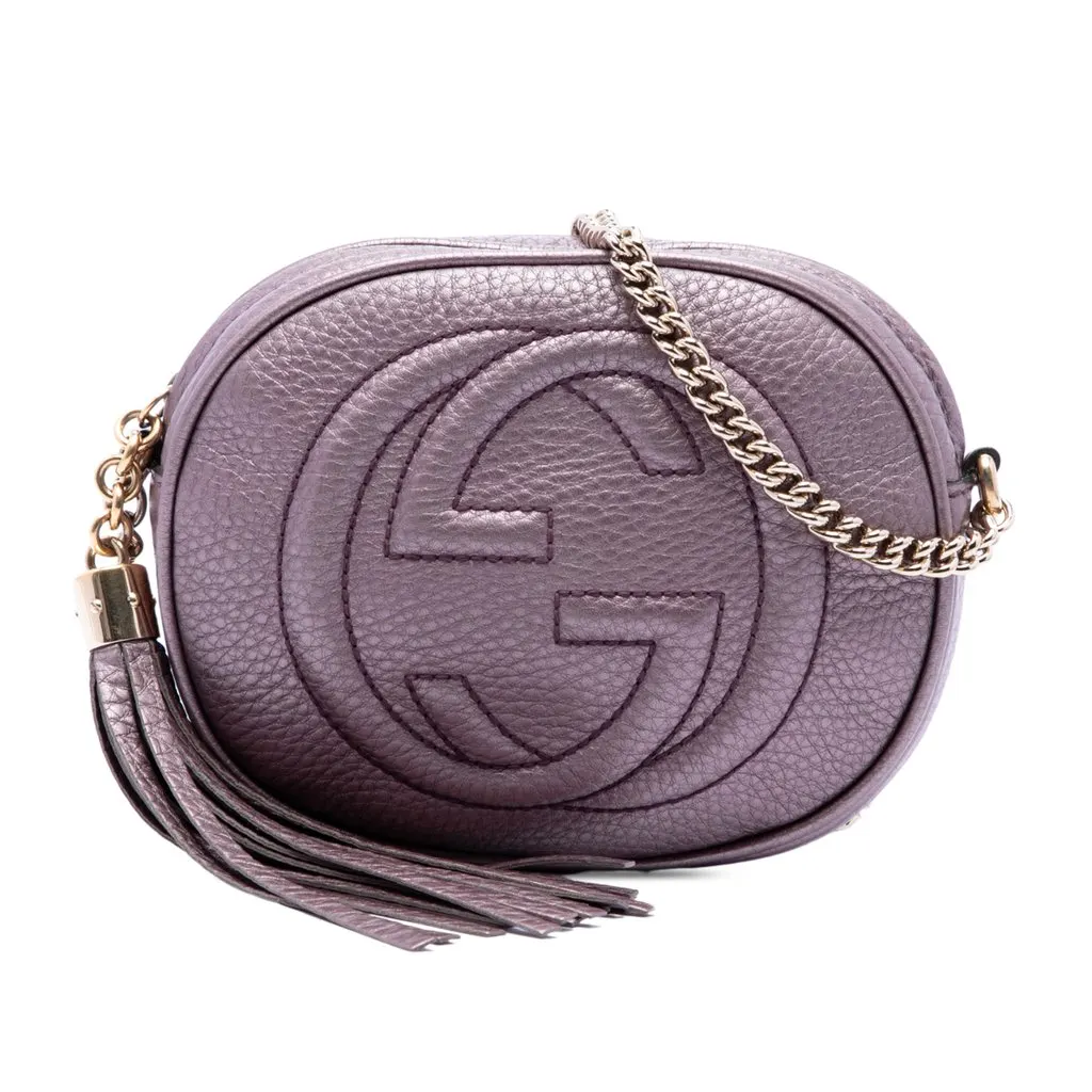 Gucci Mini Metallic Pebbled Calfskin Soho Chain Crossbody Purple Leather Good - Front View