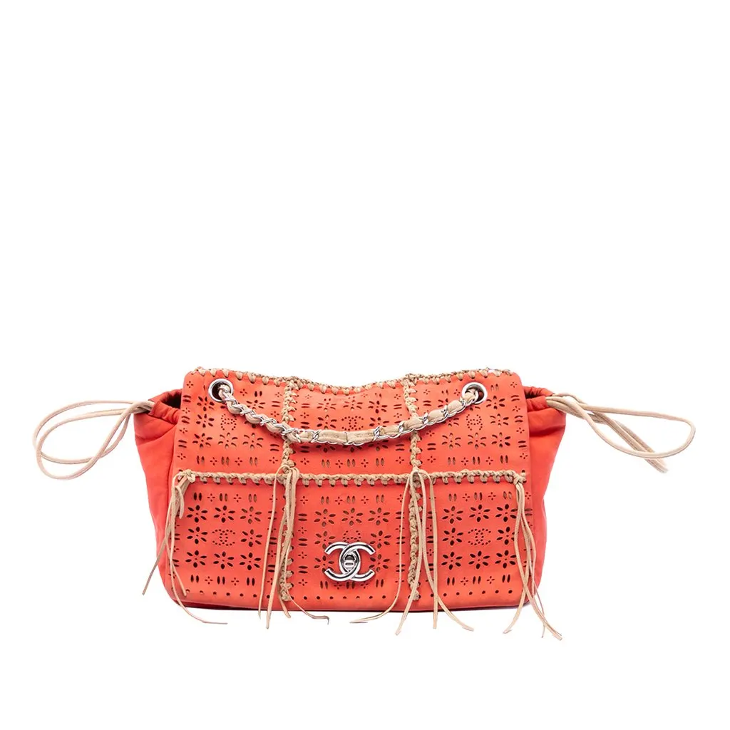 Chanel Laser Cut Fringe Suede Flap Orange Leather Very good - Front View