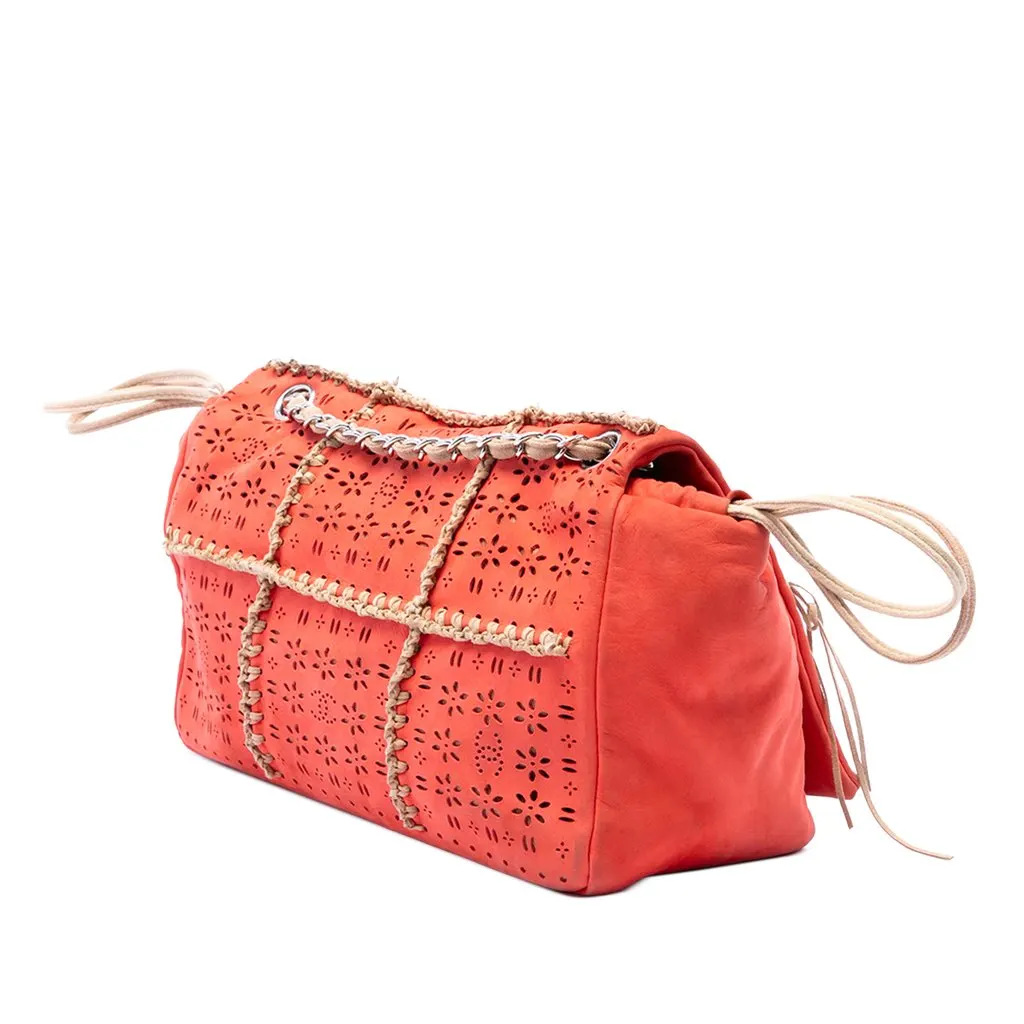 Chanel Laser Cut Fringe Suede Flap Orange Leather Very good - Back View