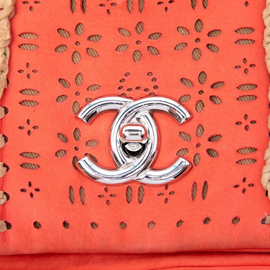 Chanel Laser Cut Fringe Suede Flap Orange Leather Very good - Box View