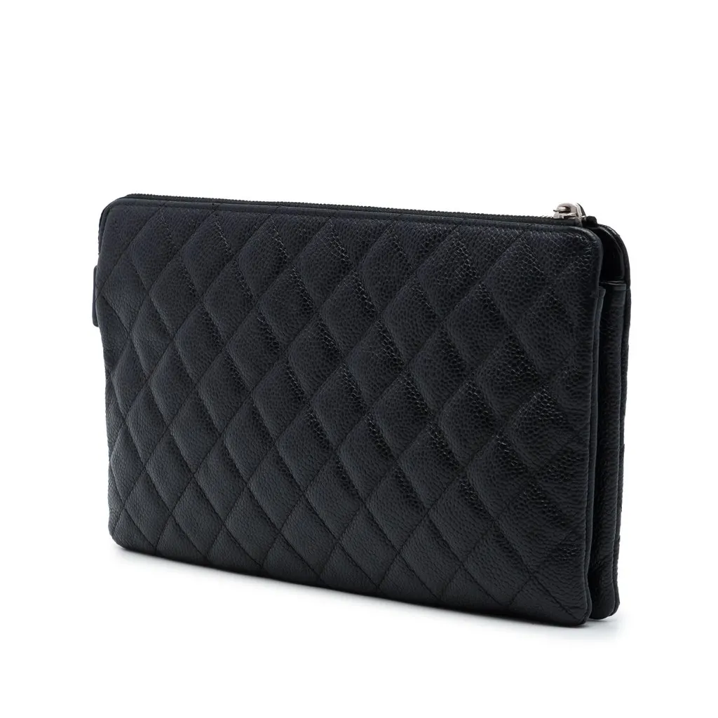 Chanel CC Quilted Caviar Double Pocket Zip Pouch Black Leather Very good - Back View