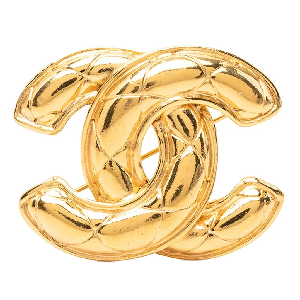 Chanel CC Gold Plated Quilted Brooch Gold Metal Very good - Front View