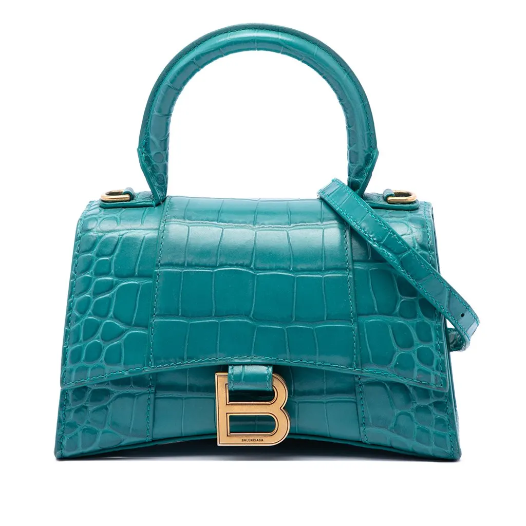 Balenciaga Croc Embossed Calfskin Hourglass Top Handle Bag XS Blue Leather Very good - Front View