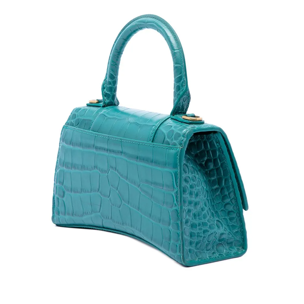 Balenciaga Croc Embossed Calfskin Hourglass Top Handle Bag XS Blue Leather Very good - Back View