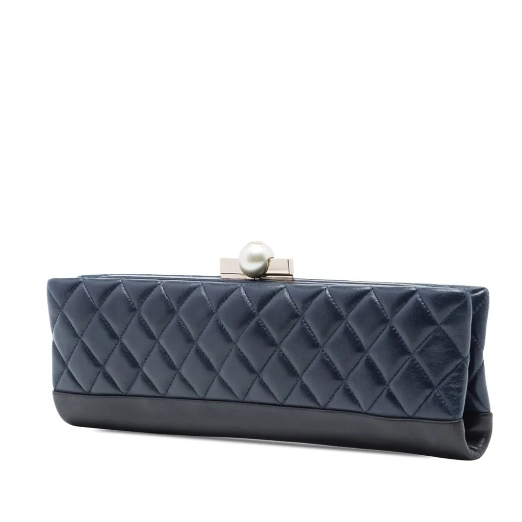 Chanel CC Quilted Lambskin Pearl Evening Baguette Clutch Blue Leather Very good - Back View