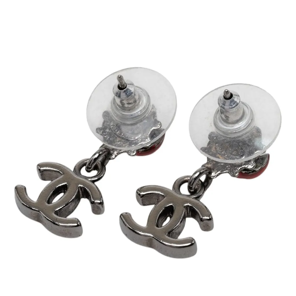 Chanel Brass and Enamel Lady Bug CC Drop Bullet Backs Earrings Silver Metal Very good - Back View