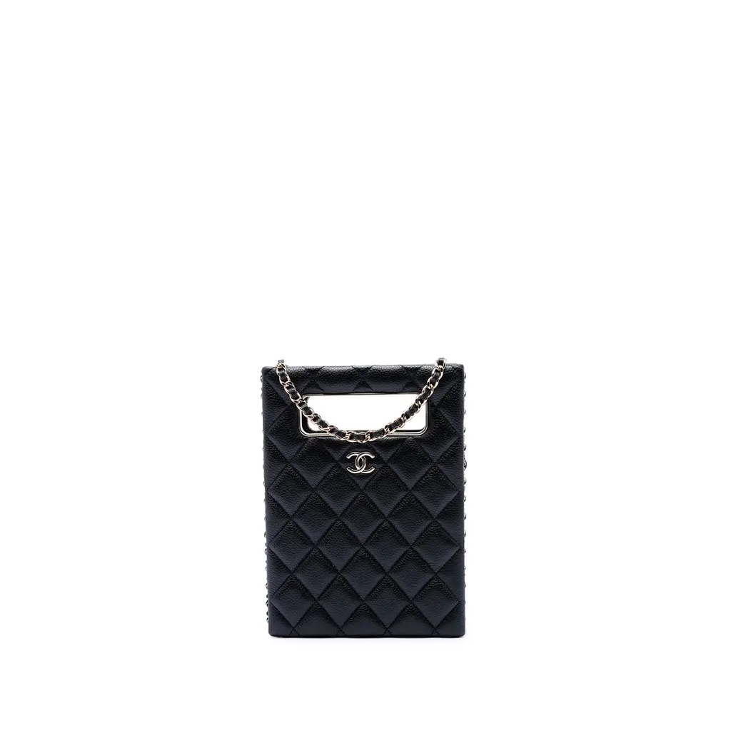 Chanel Quilted Caviar Chain Around Cut Out Evening Box Bag Black Leather Very good - Front View