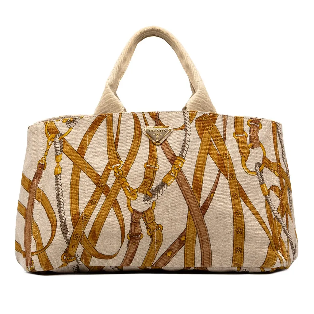 Prada Large Printed Canvas Canapa Stampata Tote Brown Canvas Good - Front View