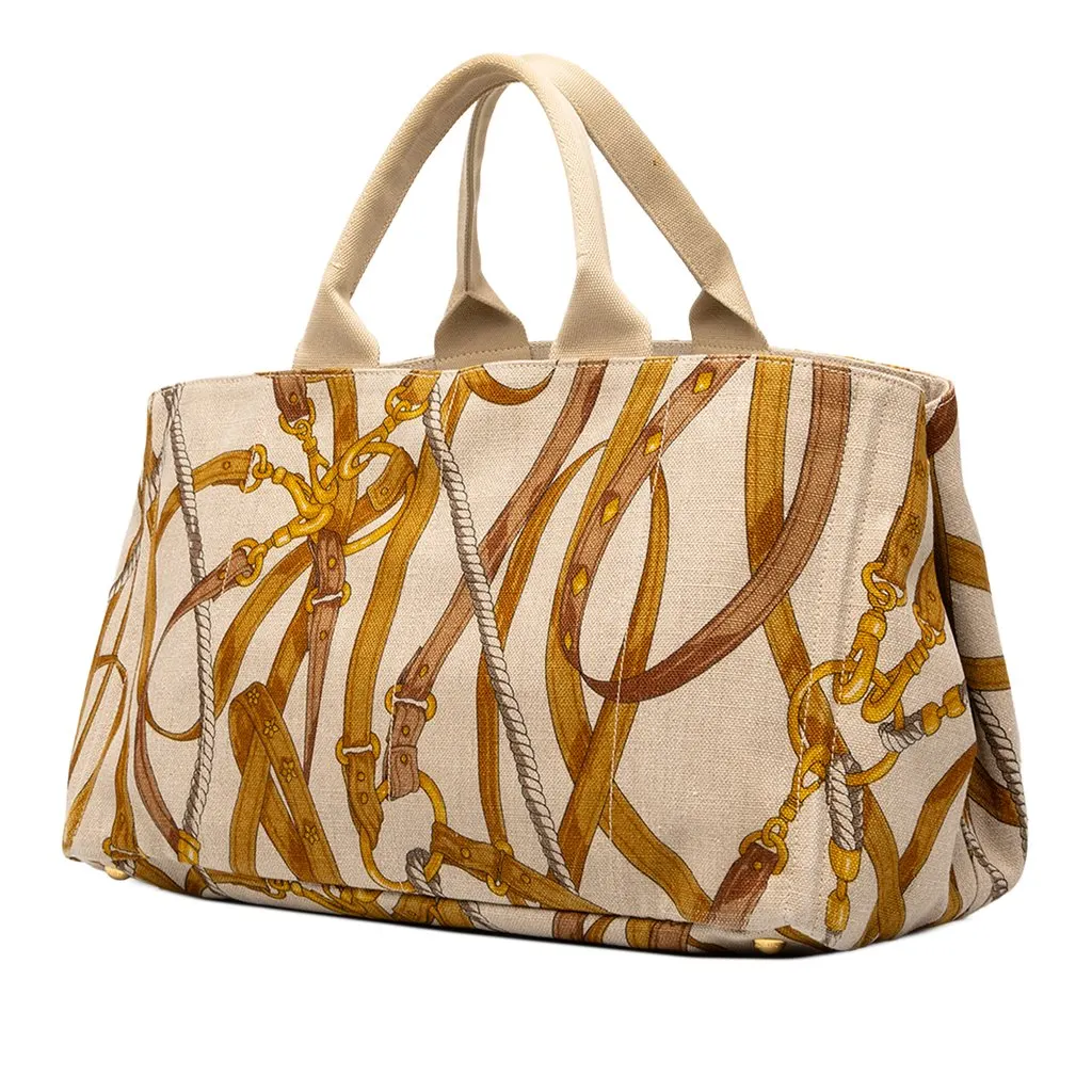 Prada Large Printed Canvas Canapa Stampata Tote Brown Canvas Good - Back View