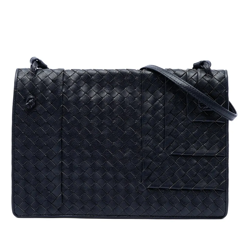 Bottega Veneta Nappa Intrecciato Flap Crossbody Blue Leather Very good - Front View