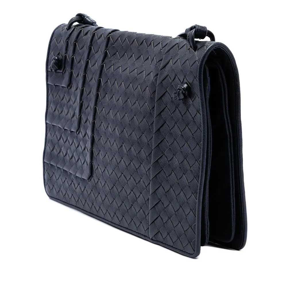 Bottega Veneta Nappa Intrecciato Flap Crossbody Blue Leather Very good - Back View