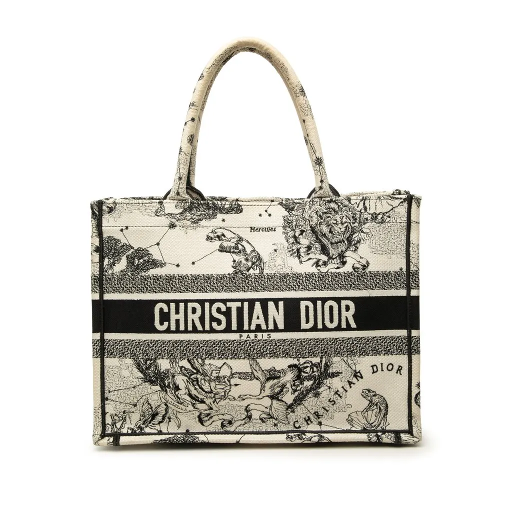 Dior Medium Canvas Embroidered Zodiac Toile De Jouy Book Tote White Canvas Good - Front View