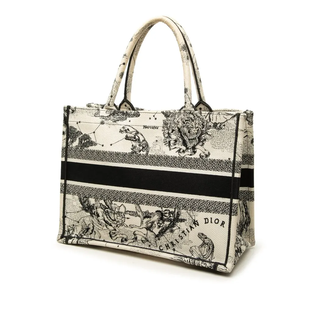Dior Medium Canvas Embroidered Zodiac Toile De Jouy Book Tote White Canvas Good - Back View