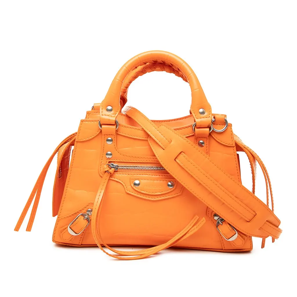 Balenciaga Mini Croc Embossed Calfskin Motocross Neo Classic City Satchel Orange Leather Good - Front View