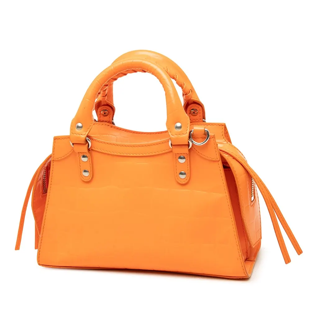 Balenciaga Mini Croc Embossed Calfskin Motocross Neo Classic City Satchel Orange Leather Good - Back View