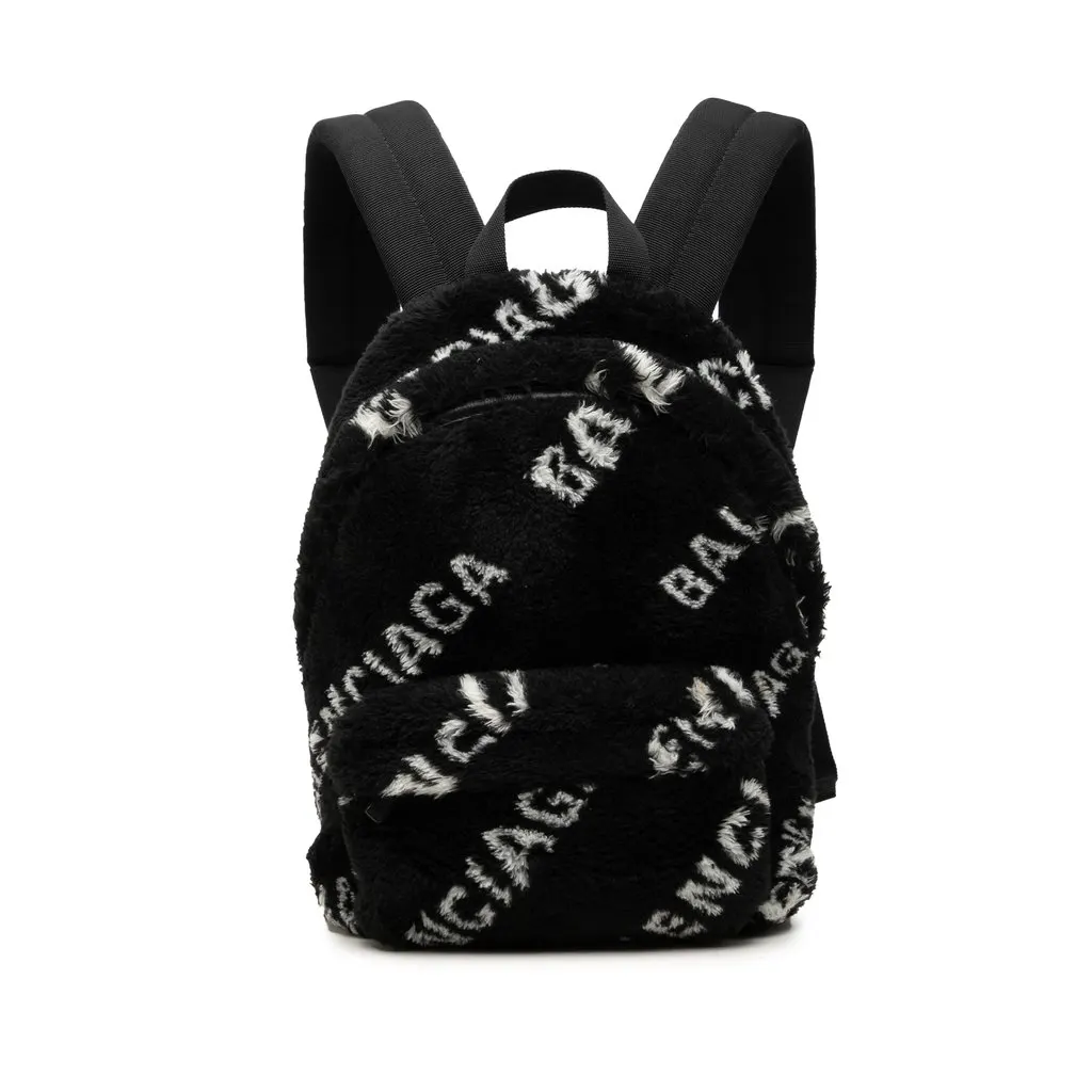 Balenciaga Small Faux Fur Diagonal Logo Everyday Backpack Black Polyester Very good - Front View
