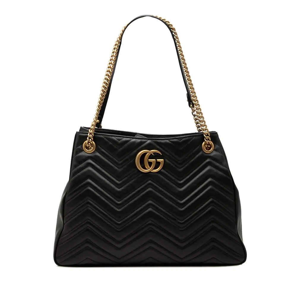 Gucci Medium GG Marmont Matelasse Calfskin Chain Tote Black Leather Good - Front View