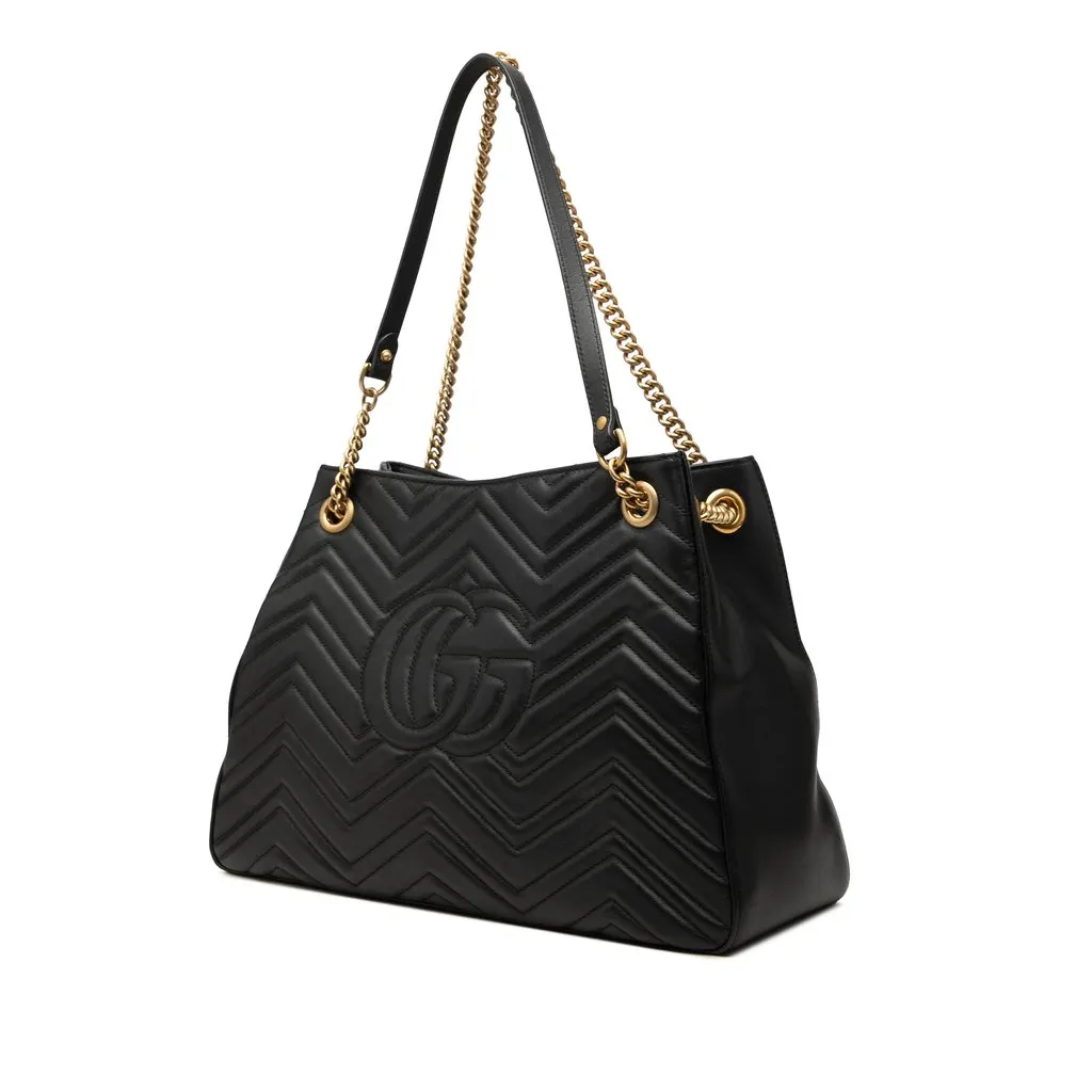 Gucci Medium GG Marmont Matelasse Calfskin Chain Tote Black Leather Good - Back View